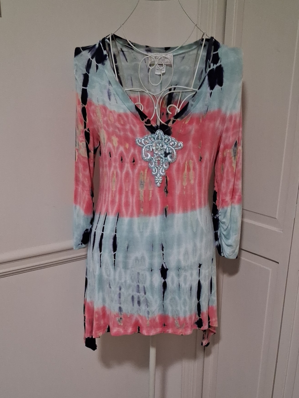 Tie-Dye V-Neck Tunic Top with Beaded Accent
